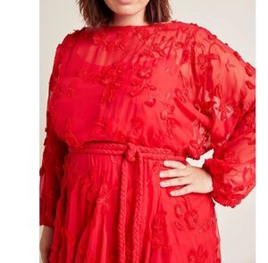 ANTHROPOLOGIE Mare Mare Amal Red Textured Floral Sheer Dress NO SLIP Plus Sz XXL